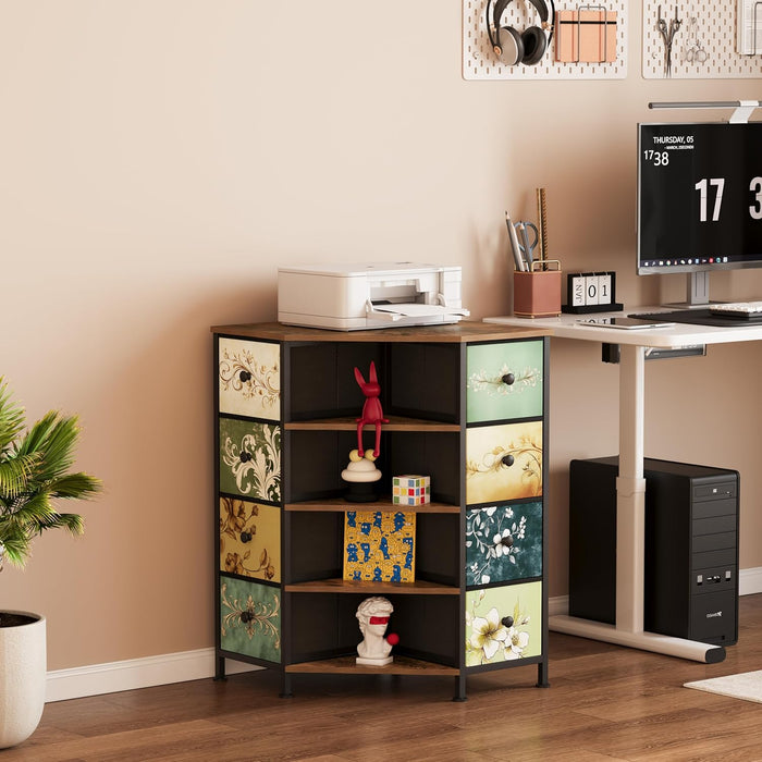 8 Drawers Corner Dresser with Storage Fabric Drawers and Open Shelves for Small Space，Bedroom，Entryway，Living Room (Retro Pattern)