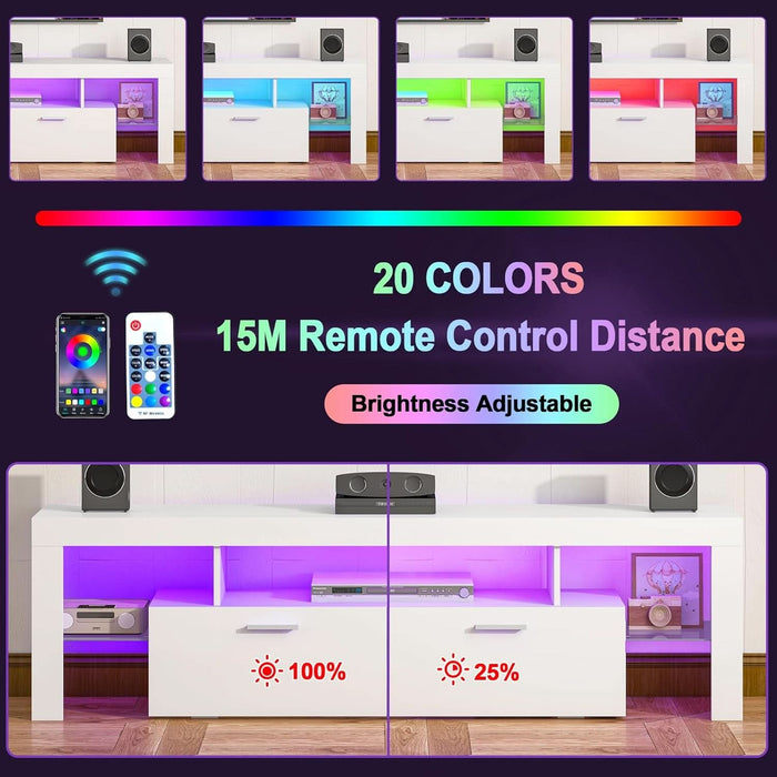 Modern Lighting 63 Inch TV Stand with Large Storage Drawer for 50 55 60 65 70 75 Inch Tvs, TV Console with 20 Color LED Lights, Entertainment Center Media and Open Shelf for Bedroom, White