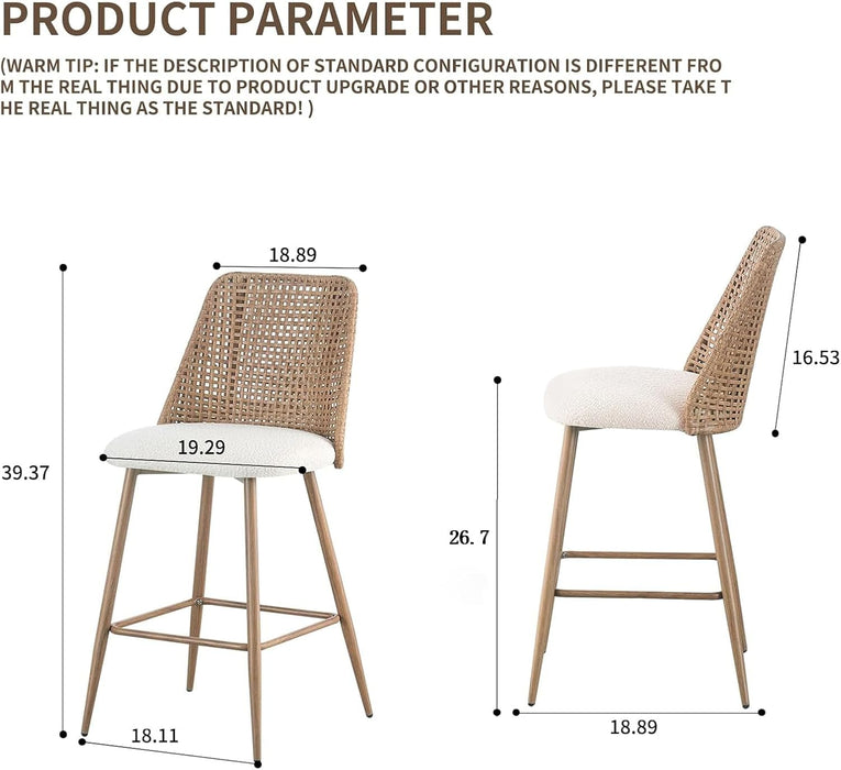 Rattan Counter Height Bar Stools Set of 2, 26" Boucle Fabric Upholstered Barstools with PE Rattan Cane Back, Bar Chairs Counter Stools for Kitchen Island,Beige White
