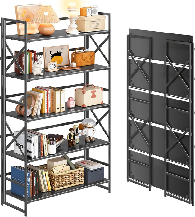 Extra Wide 5 Tiers No Assembly Book Shelves, 51.2" H Folding Bookshelf Bookcase Open Industrial Foldable Shelves for Bedroom, Living Room, Home Office - All Black