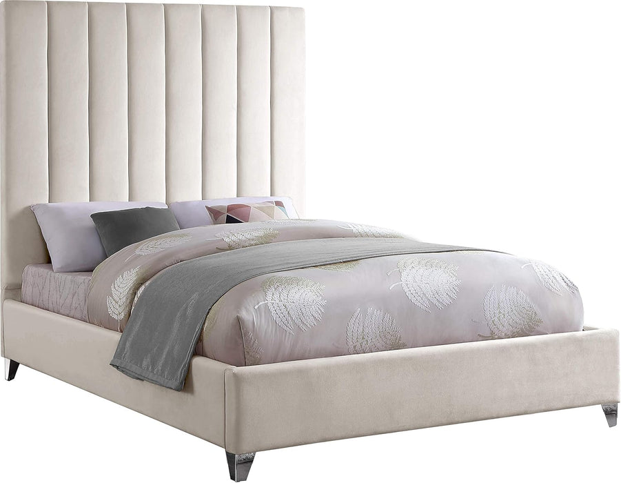 Viacream-K via Collection Modern | Contemporary Velvet Upholstered King Bed, Rich Cream , Deep Channel Tufting, Gold and Chrome Legs, 81.5" W X 86" D X 70.5" H, Cream