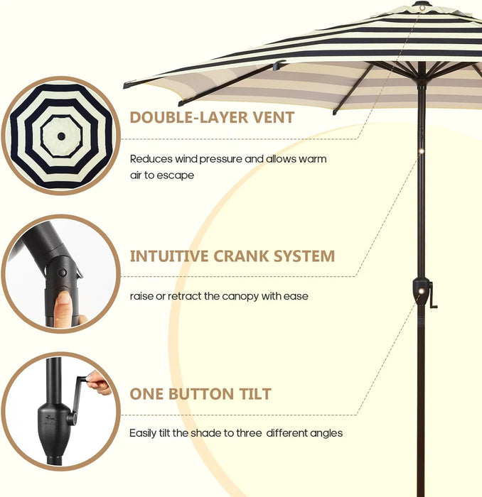 9Ft Outdoor Patio Umbrella, Push Button Tilt and Crank, 8 Ribs, Black & Cream Stripe