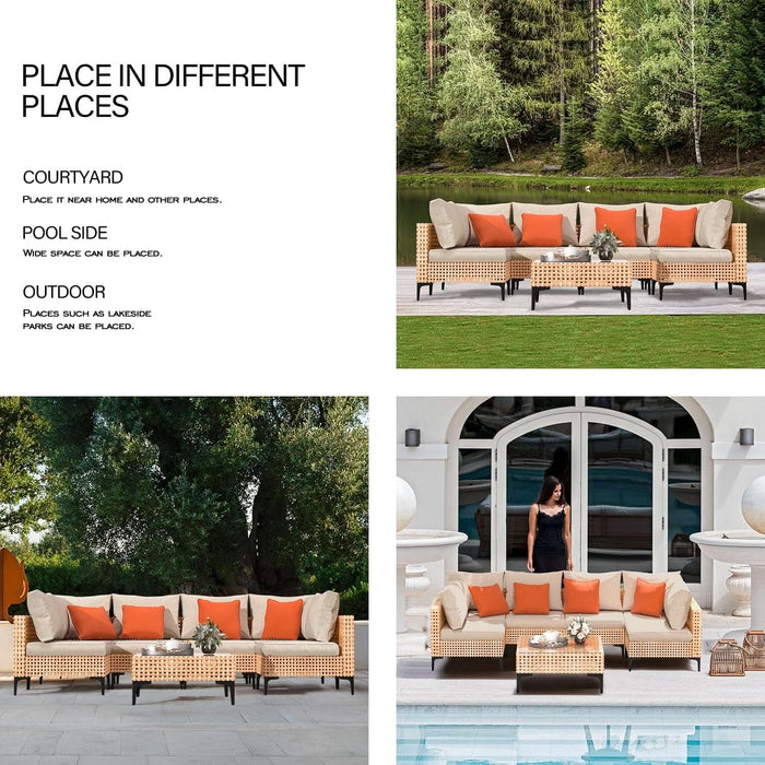 5 Piece Outdoor Patio Furniture Set Modular Outdoor Furniture Set Wicker Outdoor Sectional Sofa with Cushions and Table Patio Set for Balcony Porch Deck Yard ( (Salmon&Orange Wicker, Sand Cushion))