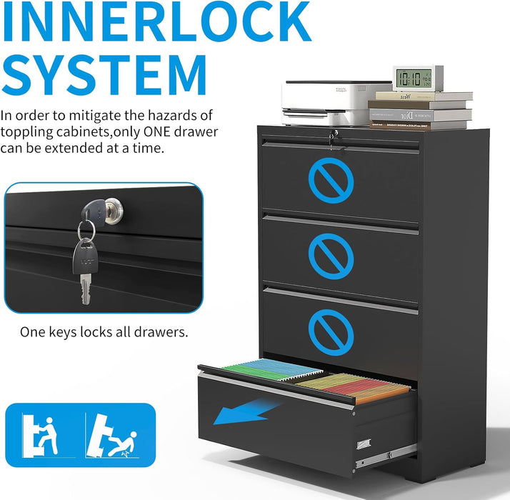 4 Drawer Lateral File Cabinet with Lock, Heavy Duty Wide Steel Filing Cabinet for Home Office, 36" W Horizontal Storage Cabinet for Letter/Legal/A4/F4 Hanging Files, Easy Assembly (Black)