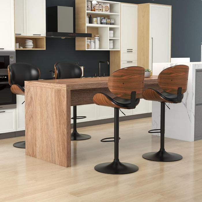 Bar Stools for Kitchen Swivel Bentwood Barstools,Set of 2,Black PU | Modern PU Leather Upholstered Bar Chairs with Footrest, Bentwood Bar Stool for Kitchen, Bar, Dining Room
