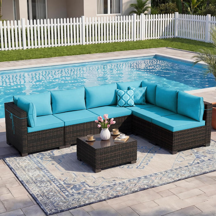 7-Piece Outdoor Patio Furniture Sets, Manual Weaving Rattan Conversation Sectional Sofa with Tempered Glass Coffee Table, All-Weather PE Wicker & Thick Cushions for Garden, Backyard, Porch