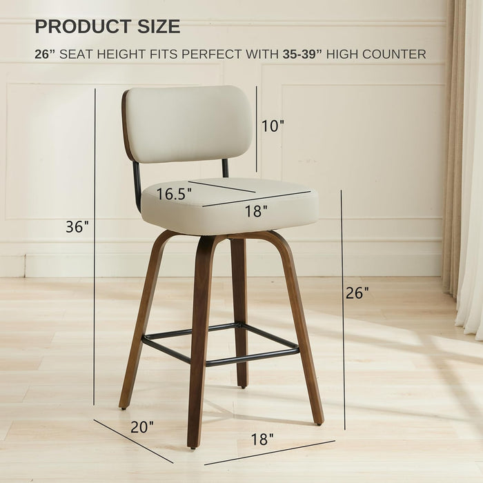 Swivel Bar Stools Set of 3, 26" Counter Height, Beige Grey | Walnut Wood Legs, Upholstered Seat, Supportive Backrest, Easy-Clean Faux Leather, Mid-Century Modern, 4-Inch Cushion