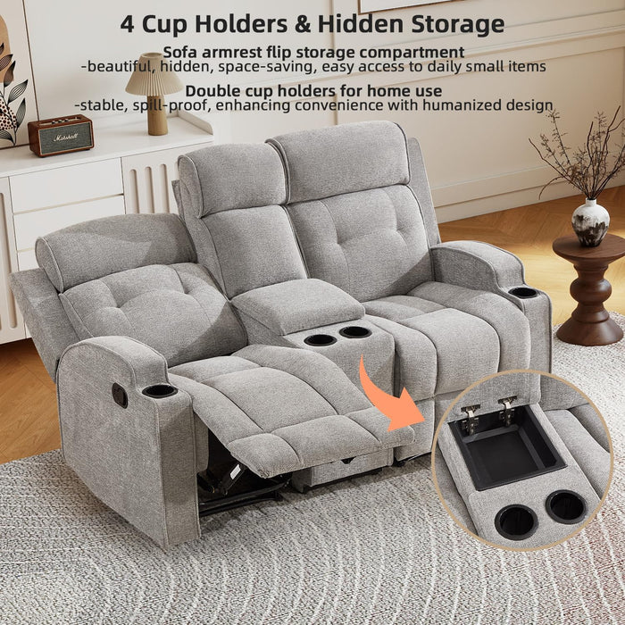 CAMMOV 67" Manual Loveseat Recliner Sofa, Wall-Hugger 2 Seat Reclining Loveseat Couches with 2 Concealed Cup Holders, Hidden Storage, Chenille Fabric Reclinable Sofa for Living Room, Light Grey