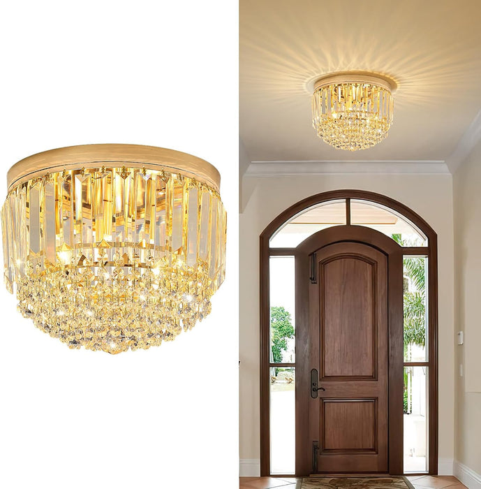 Modern 3-Lights Crystal Chandelier French Gold,11.8" Semi Flush Mount Crystal Ceiling Light LED round Chandelier Light E12 Base for Bedroom Living Room