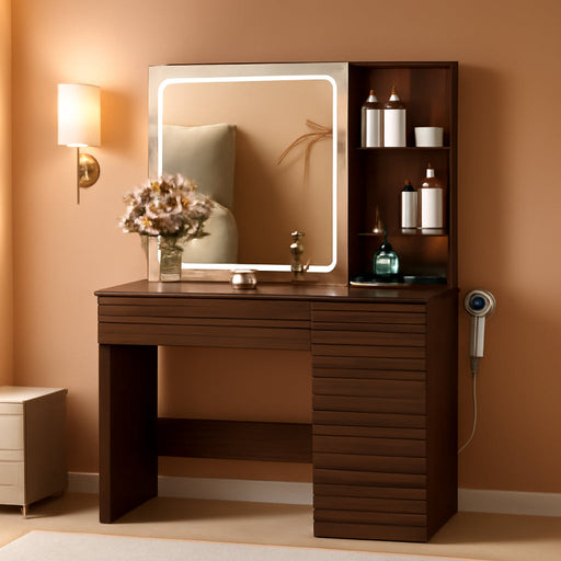 Walnut Multifunctional Vanity Desk With LED Illumination