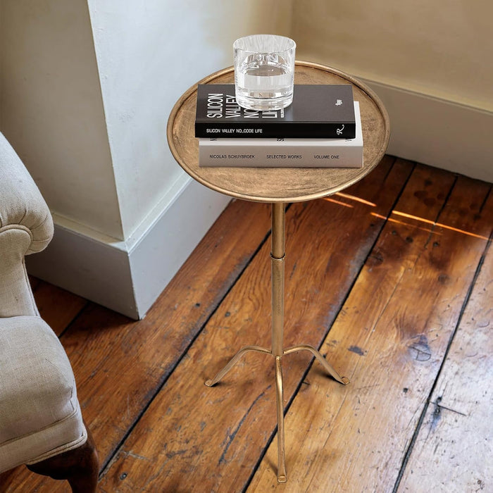 Metal Martini Side Table, Antique Brass – Compact Art Deco Design, Raised Edge, Easy Assembly, 12.5" Diameter, 27.5" Height, Stylish and Functional Cocktail Table