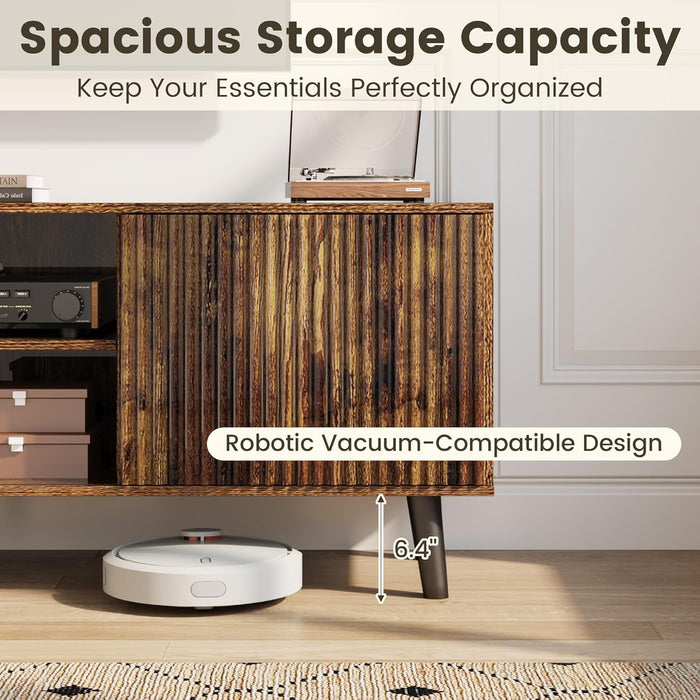 63'' Fluted TV Stand for 70 Inch TV, Modern Entertainment Center with Sliding Doors & Storage Cabinet, Mid Century Media TV Console for Living Room, Brown