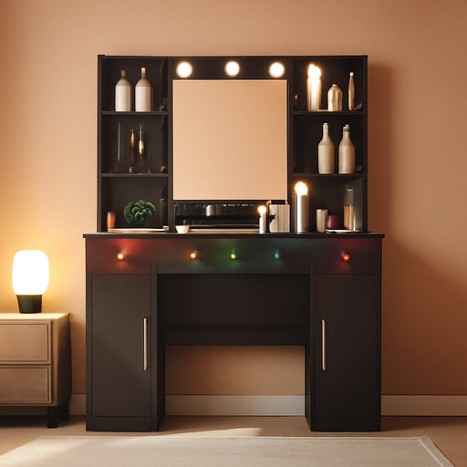 Vanity Desk with Mirror and Lights, Makeup Vanity with Mirror and LED Lights & Power Outlet, 3 Drawers and Cabinets, 3 Lighting Modes Dressing Table Set for Girls Women Bedroom,Black