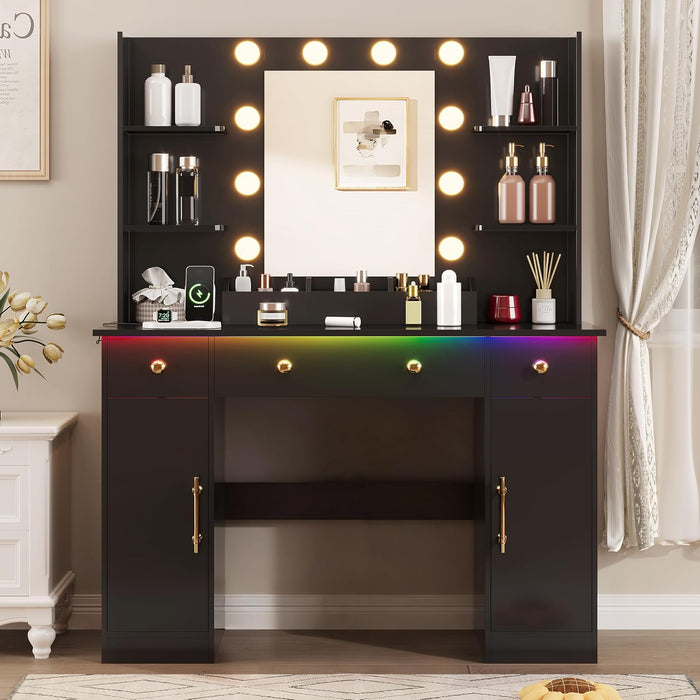 Vanity Desk with Mirror and Lights, Makeup Vanity with Mirror and LED Lights & Power Outlet, 3 Drawers and Cabinets, 3 Lighting Modes Dressing Table Set for Girls Women Bedroom,Black