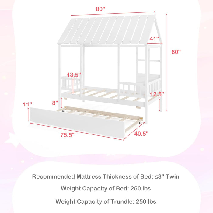 Twin House Bed with Trundle Bed Twin, Wooden Montessori Bed Frame with Roof & Safety Guardrail for Kids, Teens, Boys or Girls, No Box Spring Needed (White)