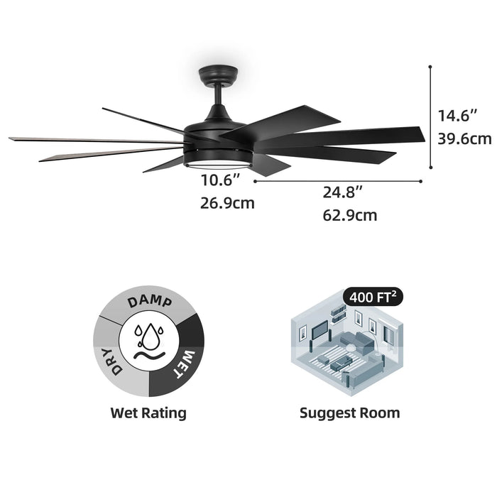 60 Inch Modern Ceiling Fan with Light and Remote, DC Fanlight for Livingroom, Bedroom, 8 Blades, Reverse Airflow,6 Speeds, 3 Color Temperatures - Black