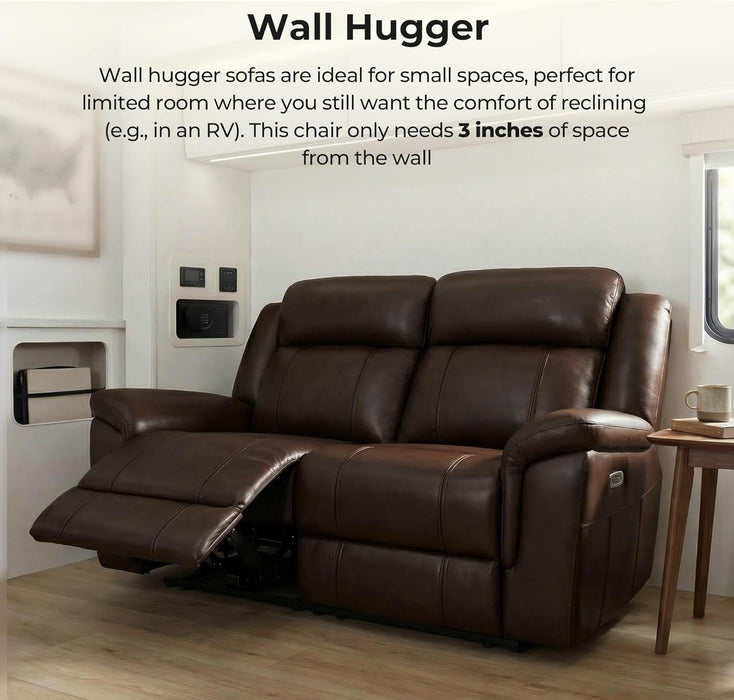 Genuine Leather Power Recliner Sofa, Wall Hugger Reclining Sofa with Drop down Table, Power Headrest, Drawers, Charging Ports, Reclining Sectional Couch for Living Room, RV, Dark Brown