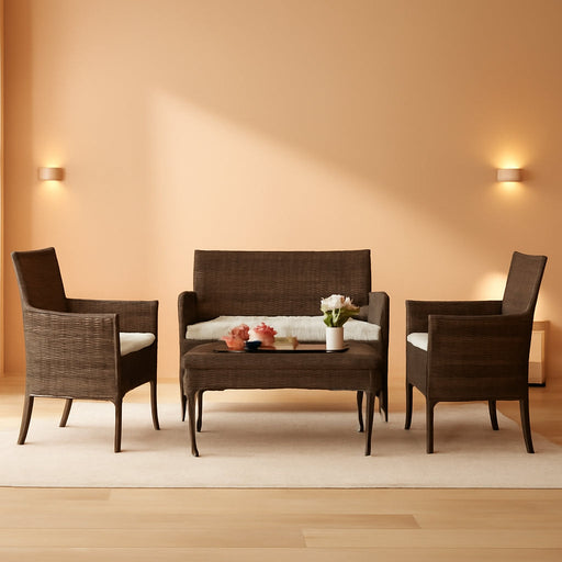 Patio Furniture 4 Pieces Conversation Sets Outdoor Wicker Rattan Chairs Garden Backyard Balcony Porch Poolside Loveseat with Soft Cushion and Glass Table, Brown and Beige