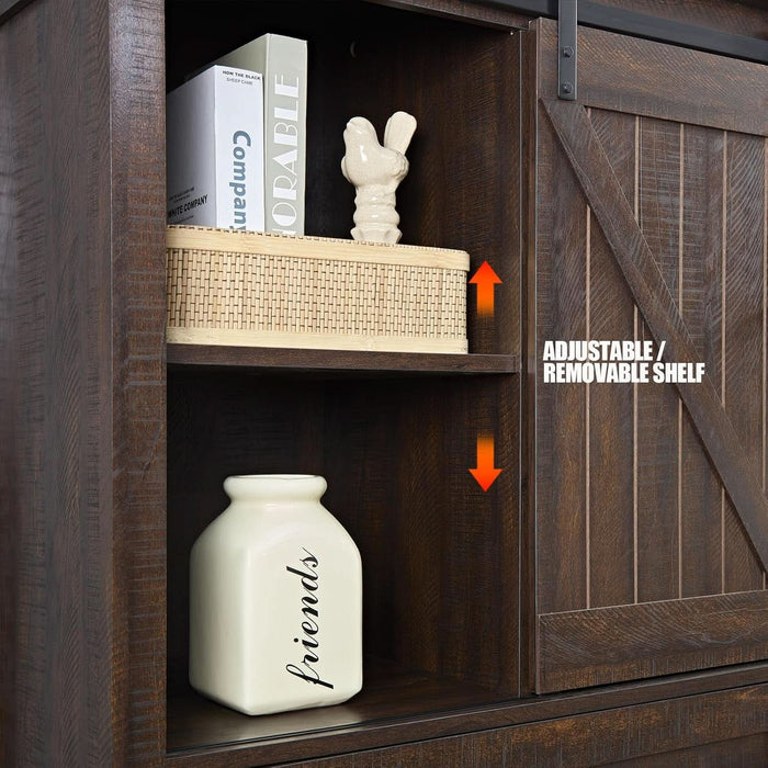 Farmhouse 5 Drawers Dresser for Bedroom, 48" Tall Dresser W/Sliding Barn Door, Rustic Dresser 5 Chest of Drawers, Storage Organizer Dresser for Bedroom, Hallway, Living Room, Dining Room, Espresso