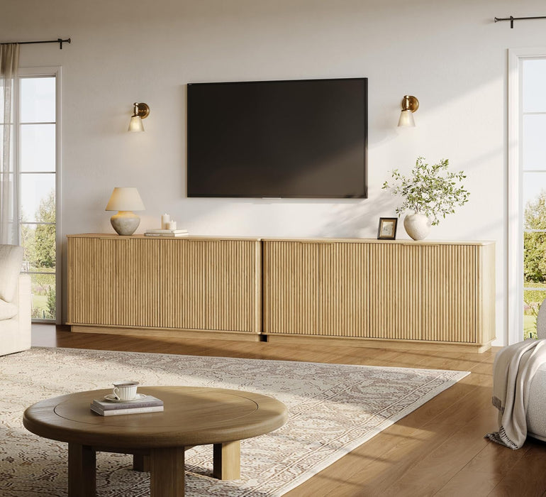 63" Fluted Sideboard Buffet Cabinet with Storage, Oak Modern Wood Credenza Media Console with 4 Doors, Mid Century Sideboard for Living Room Kitchen Entryway