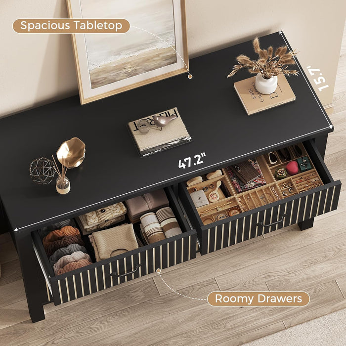 47" Wide Fluted 6 Drawer Dresser for Bedroom, Black