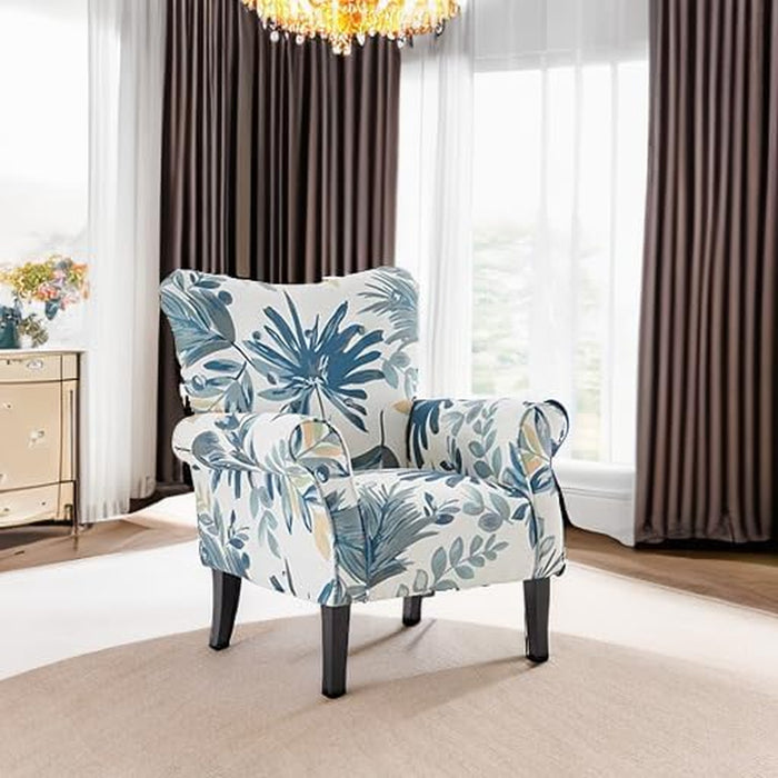 Modern Accent Chair, High Back Armchair, Upholstered Wingback Side Chair, Padded Single Sofa with Wooden Legs for Living Room, Bedroom - Green Blue Floral