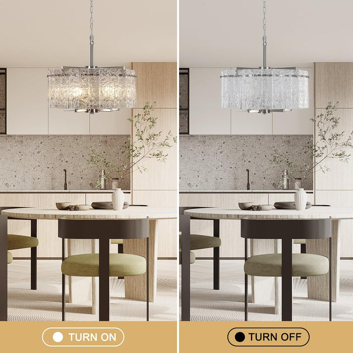 Brushed Nickel Glass Chandeliers for Dining Room, 18.7'' Modern Farmhouse Glass Drum Chandelier for Entryway, 5-Light Hanging round Light Fixture for Living Room Bedroom Foyer Hallway Kitchen Island