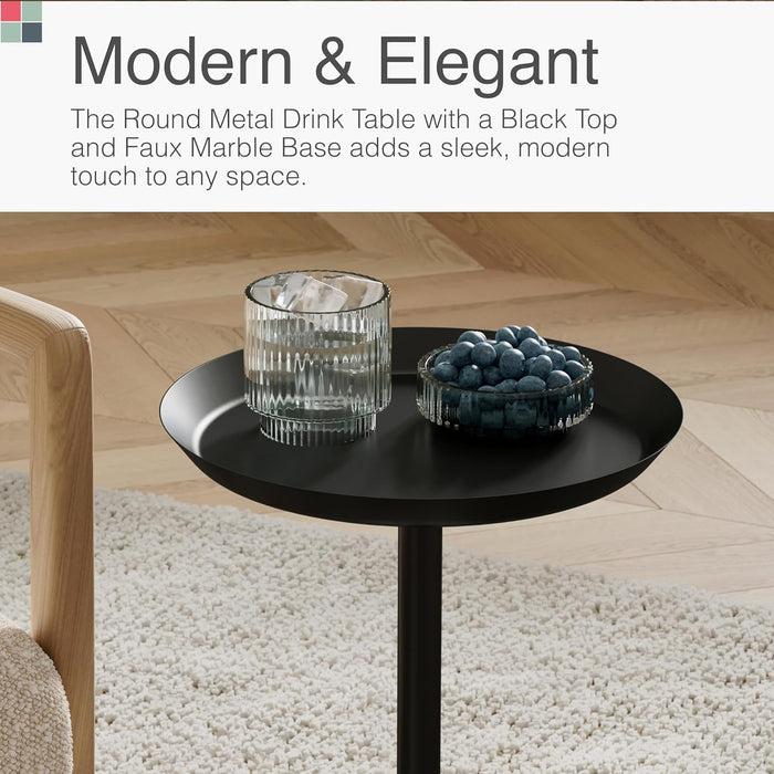 Round Metal Drink Table with Black Top and Faux Marble Base – Small Pedestal Side Table for Living Room, Bedroom, or Office – Modern Black round Cocktail Table, Easy Assembly, Scratch-Resistant