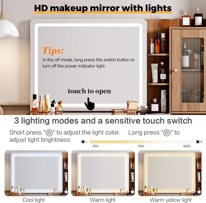 Vanity Desk with 29.53" HD Lighted Mirror, 47.24" Big Modern Vanity Desk with Mirror and Lights, Makeup Vanity with 5 Drawers and Storage Shelves and Charging Station,Brown