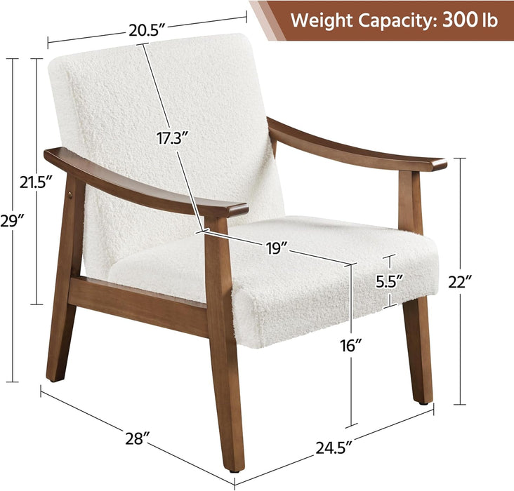 Fabric Accent Chair, Mid-Century Modern Armchair with Solid Wood Legs, Reading Leisure Chair with High Back for Living Room Bedroom Waiting Room, Set of 2, Ivory