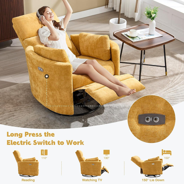 Power Recliner Nursery Swivel Rocking Glider Chair with USB Port,Upholstered Electric Nursing Recliner Rocker Chair for Adults with 2 Pillows for Bedroom Nursery Living Room(Yellow,Power-Driven)