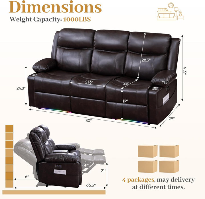 Power Reclining Sofa with Colorful LED Lights, Wall Hugger Reclining Sofa, Space-Saving RV Sofa with USB Charging & Side Pocket for Living Room, Apartment (Brown, Sofa) | Wall Hugger, LED Lights, RV Sofa