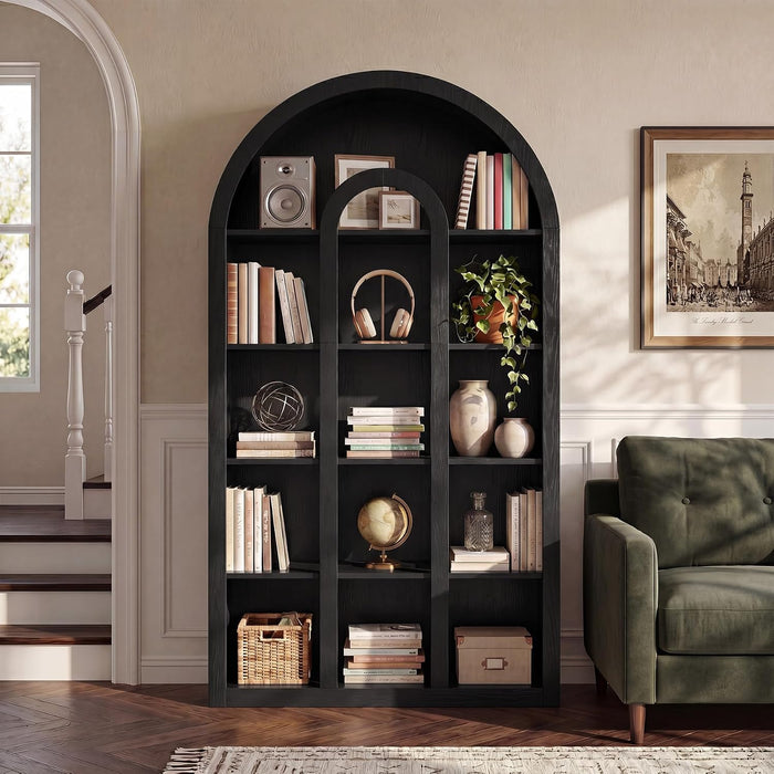 Tribesigns 71" Tall Bookshelf Set of 2, 5-Tier Black Arched Bookcase with Open Shelves, Vintage Free-Standing Display Shelves with Rustic Wood Finish for Living Room, Office, Bedroom
