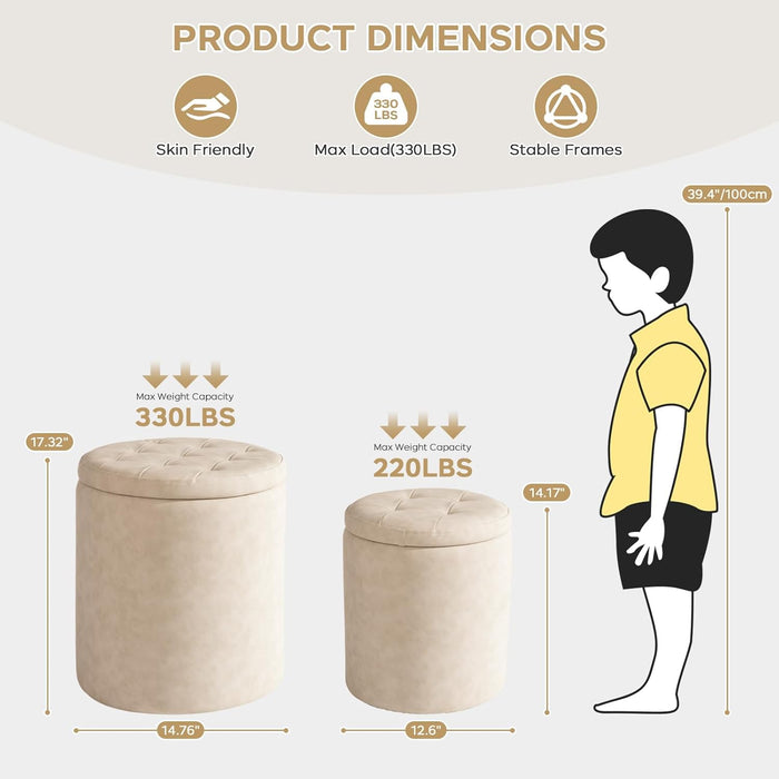 Faux Leather round Ottoman with Storage 12.6" W X 14.17" H & 14.76" W X 17.32" H Set of 2, Small Boucle Coffee Table Footstool with Removable Lid for Living Room, Bedroom, Beige