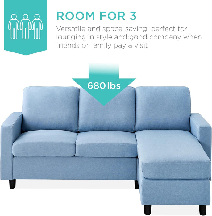Upholstered Sectional Sofa for Home, Apartment, Dorm, Bonus Room, Compact Spaces W/Chaise Lounge, 3-Seat, L-Shape Design, Reversible Ottoman Bench, 680Lb Capacity - Light Blue