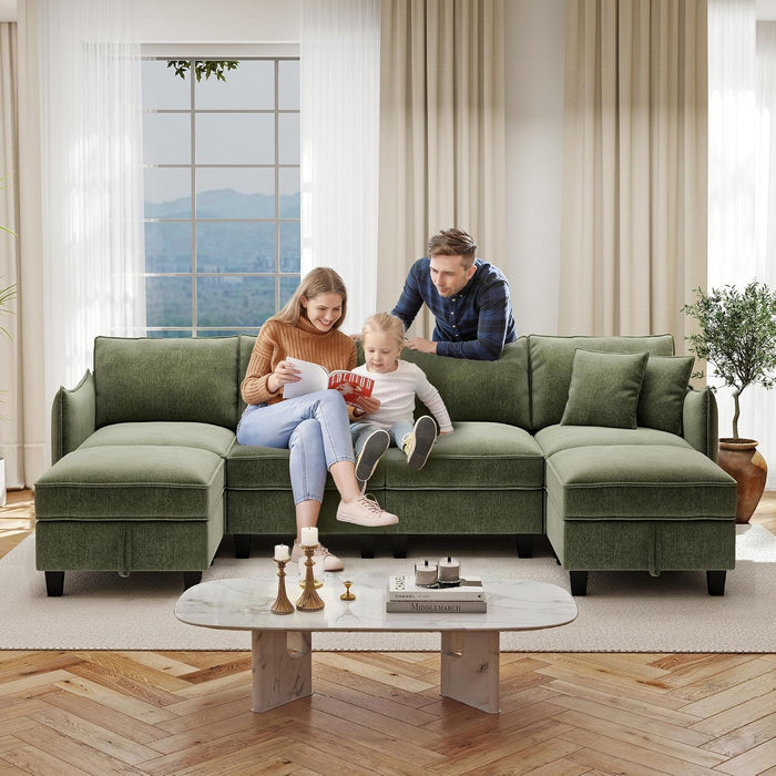 Green 112Inches Sectional Sofa With Storage Ottomans
