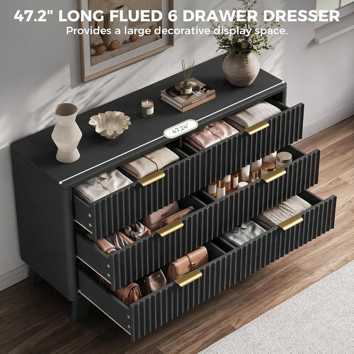 Fluted 6 Drawer Dresser for Bedroom, Modern Chest of Drawers with Metal Handle, Wooden TV Stand with Curved Profile Design, Closet Clothes Storage Organizer for Living Room/Hallway (Black)