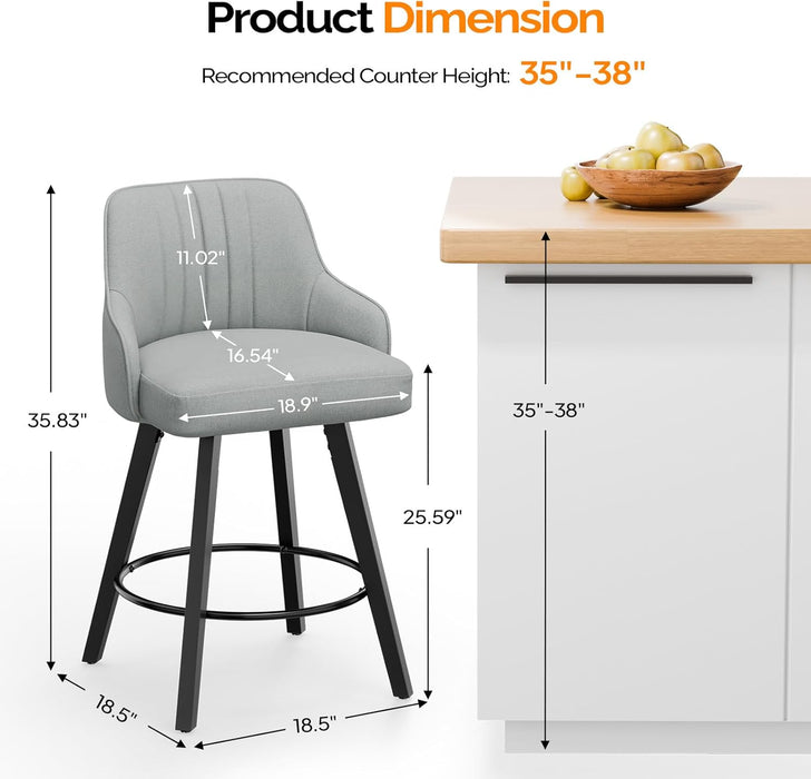 26" H Swivel Barstools Set of 2, Linen Fabric Upholstered Counter Stool with Back, Kitchen High Chairs Counter Height Bar Stools with Cushion, Solid Wood Legs, Grey