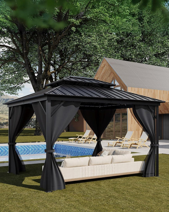 Hardtop Gazebo 12'X14' for All Weather, with Double Metal Roof, Aluminum Alloy Frame, Net, and Curtain, Permanent Building for Patio, Deck, Backyard, Lawn, and Garden, Gray