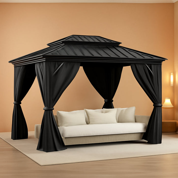 Hardtop Gazebo 12'X14' for All Weather, with Double Metal Roof, Aluminum Alloy Frame, Net, and Curtain, Permanent Building for Patio, Deck, Backyard, Lawn, and Garden, Gray