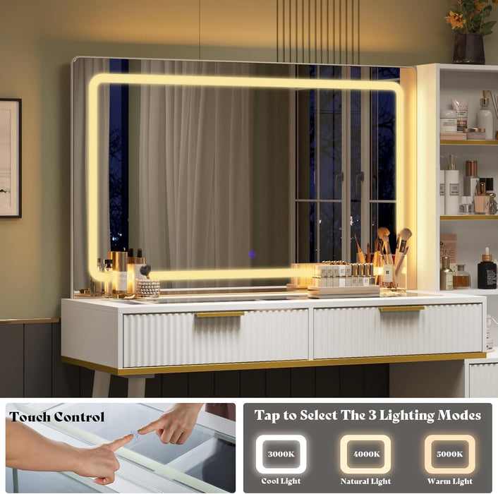 48" Vanity Desk with 35" Large Lighted Mirror, Big Modern Makeup Vanity Table with 5 Drawers & Shelves, Dressing Table with Charging Station/Glass Desktop/White