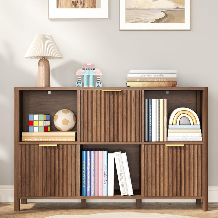 6 Cube Storage Organizer Fluted Bookcase with Reversible Door
