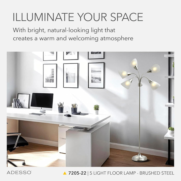 Floor Lamp with 5 Movable Shades & Adjustable Brightness – Perfect Lighting for Bedroom Decor, Beauty & Art Studio, Silver