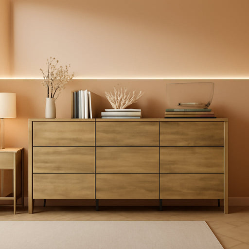 63" Wide 9 Drawer Wood Dresser for Bedroom with Legs, Natural Oak