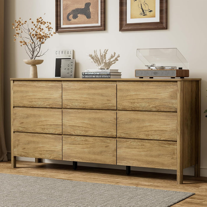 63" Wide 9 Drawer Wood Dresser for Bedroom with Legs, Natural Oak