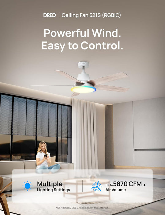 DREO Smart Ceiling Fan with Lights, 52 Inch, 12 Speeds & 3 Fan Modes, RGBIC Light for Living Room, Dimmable, 22Db Quiet DC Motor, Remote/App/Alexa Control, White Ceiling Fans Indoor, 2026 Upgraded