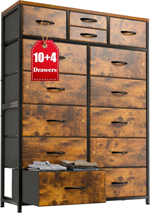 Dresser for Bedroom with 10+4 Storage Drawers, Chest of Drawers, Sturdy Metal Frame & Wood Top, Hallway, Closets, Living Room, 52.2" H X 37.4" W X 11.8" D, Rustic Brown