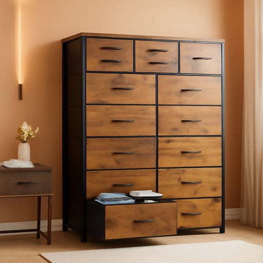Dresser for Bedroom with 10+4 Storage Drawers, Chest of Drawers, Sturdy Metal Frame & Wood Top, Hallway, Closets, Living Room, 52.2" H X 37.4" W X 11.8" D, Rustic Brown
