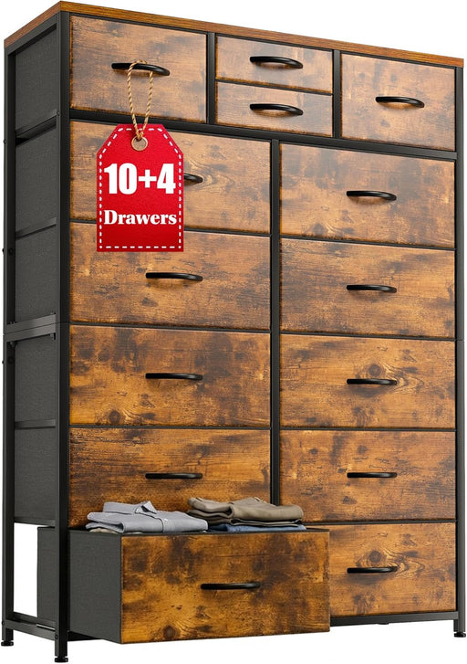 Dresser for Bedroom with 10+4 Storage Drawers, Chest of Drawers, Sturdy Metal Frame & Wood Top, Hallway, Closets, Living Room, 52.2" H X 37.4" W X 11.8" D, Rustic Brown