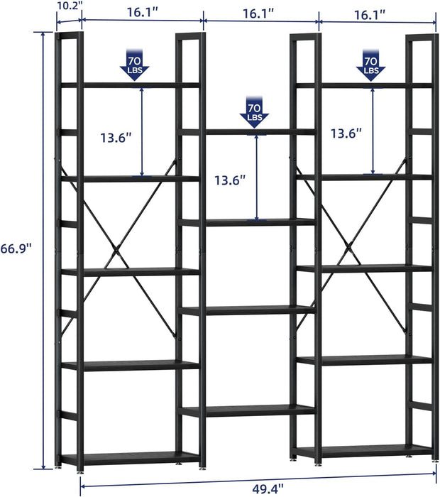 Industrial Black Triple Column Five Tier Bookshelf